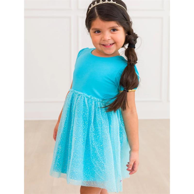 Rufflebutts - Baby Girl Short Sleeve Princess Bow Twirl Dress Teal Golden Princess Image 4