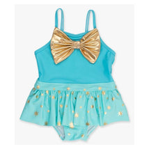Rufflebutts - Baby Girl Teal Golde Princess Big Bow Skirted One Piece Swimsuit Image 2