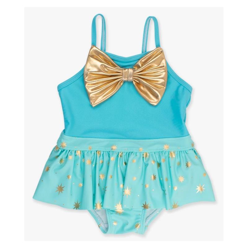 Rufflebutts - Baby Girl Teal Golde Princess Big Bow Skirted One Piece Swimsuit Image 2