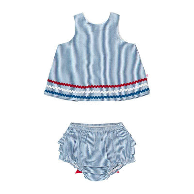Blue and white striped swing top with red and white ric rac trim, paired with matching ruffled bloomers.
