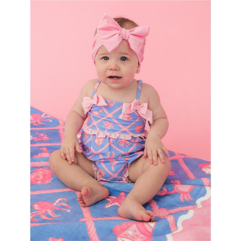 Rufflebutts Baby Girls Tropical Trellis One Piece Bow Bubble Romper Swimsuit With Signature Rear Ruffles  Image 2