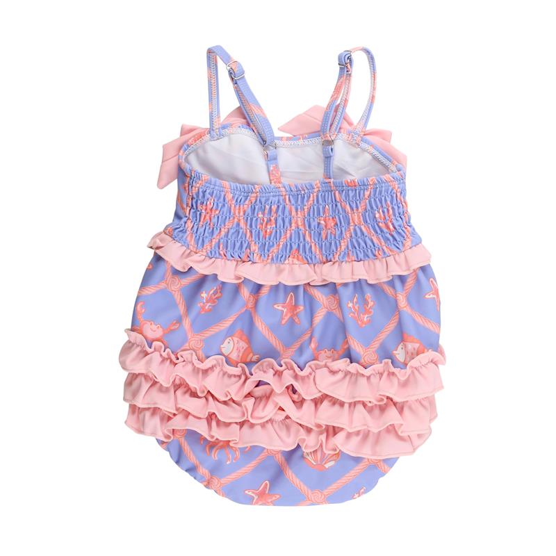 Rufflebutts Baby Girls Tropical Trellis One Piece Bow Bubble Romper Swimsuit With Signature Rear Ruffles  Image 3
