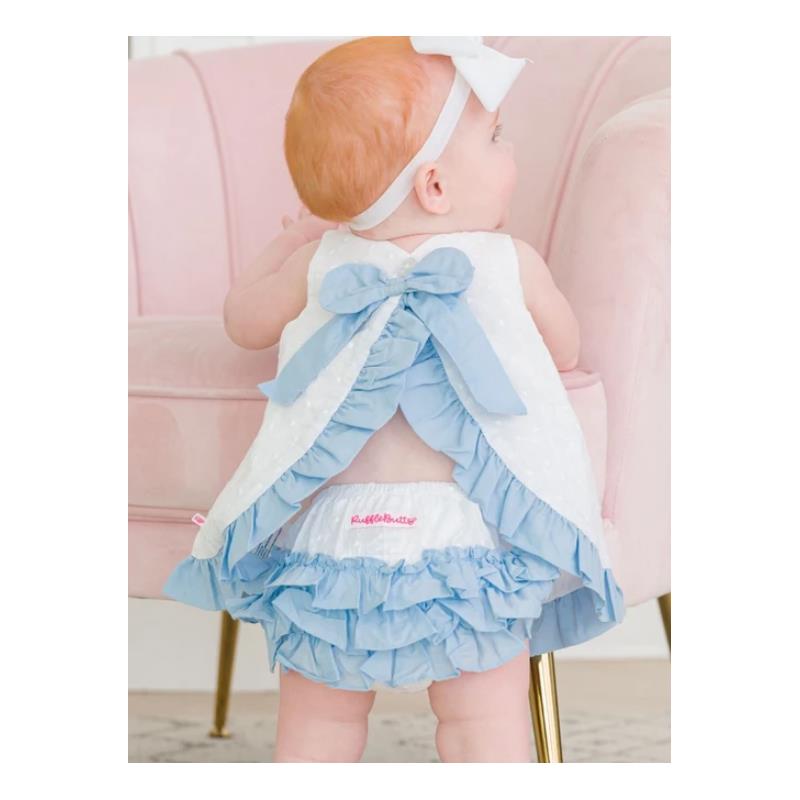 Rufflebutts - Baby Girls White & Light Blue Swing Top & Bloomer Set White Image 2