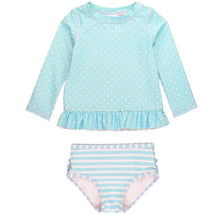 Rufflebutts - Baby Tropical Breeze Heart Polka Long Sleeve Rash Guard Bikini Image 1