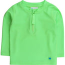 Boys long sleeve neon honeydew rash guard with a front zipper, ideal for sun protection during water activities.