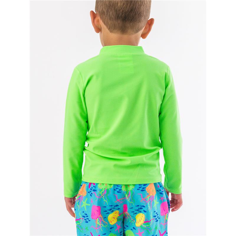 Boys long sleeve zipper rash guard in neon honeydew, paired with vibrant, patterned swim shorts.
