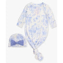 Rufflebutts Blue Butterfly Ruffle Knotted Sleep Gown and Bow Hat Set for infants, featuring floral patterns and a lilac bow.