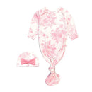 Rufflebutts pink butterfly sleep gown and matching bow hat set for infants, featuring floral and butterfly patterns.