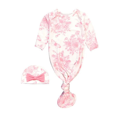 Rufflebutts pink butterfly sleep gown and matching bow hat set for infants, featuring floral and butterfly patterns.