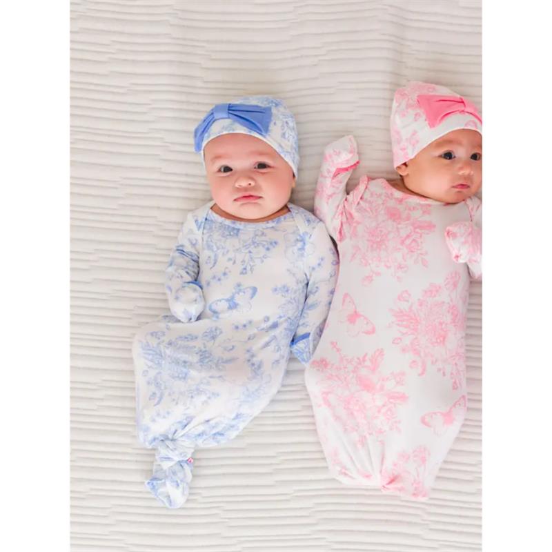 Rufflebutts Butterfly Sleep Gown & Bow Hat Set, featuring a pink floral pattern on one gown and a blue butterfly pattern on another, both on infants.