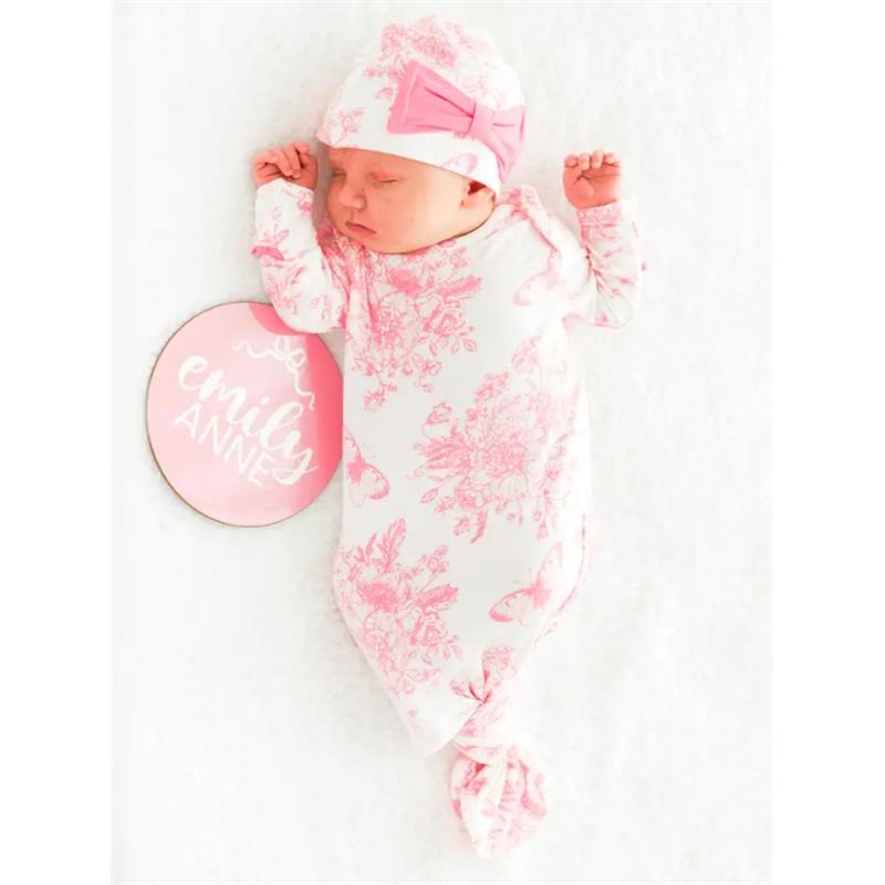 Pink floral sleep gown and bow hat set for infants, featuring a baby peacefully sleeping with a name sign.