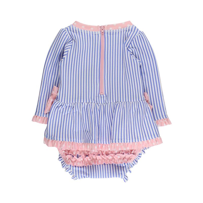 Rufflebutts Girls Periwinkle Blue Seersucker Long Sleeve One Piece Bow Peplum Rash Guard Swimsuit With Zipper  Image 4