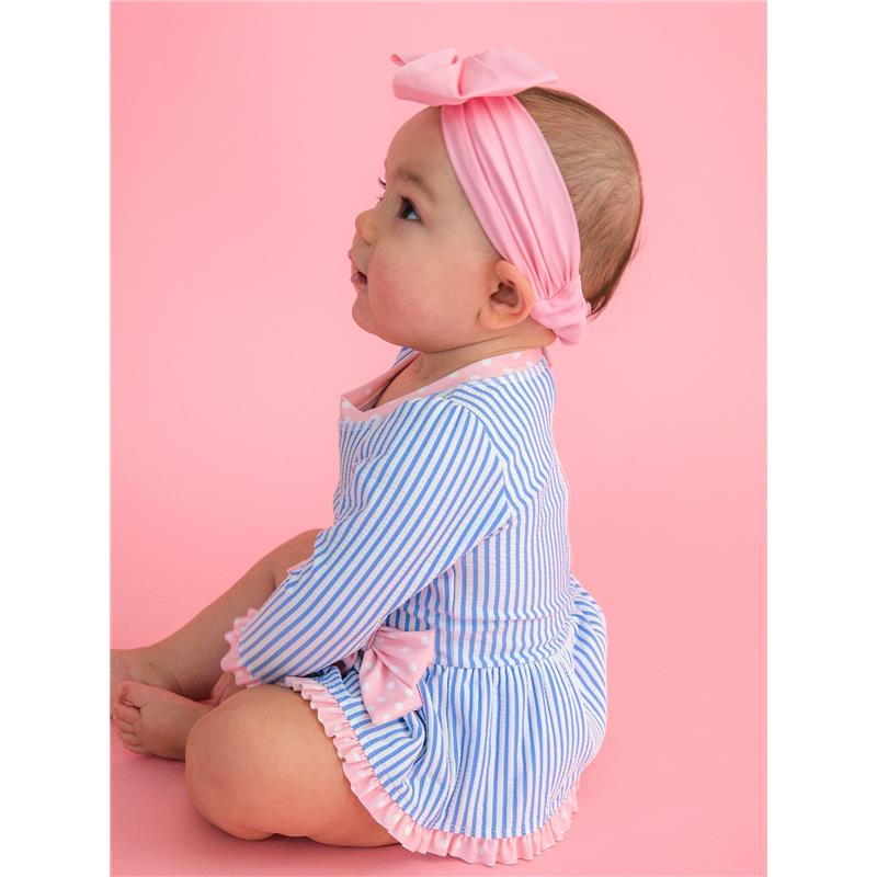Rufflebutts Girls Periwinkle Blue Seersucker Long Sleeve One Piece Bow Peplum Rash Guard Swimsuit With Zipper  Image 7