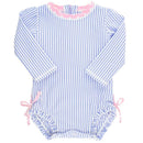 Rufflebutts Girls Periwinkle Blue Seersucker Long Sleeve One Piece Rash Guard With Zipper, Newborn Image 1