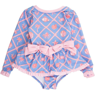 Rufflebutts Girls Tropical Trellis Long Sleeve One Piece Bow Peplum Rash Guard Swimsuit Image 1