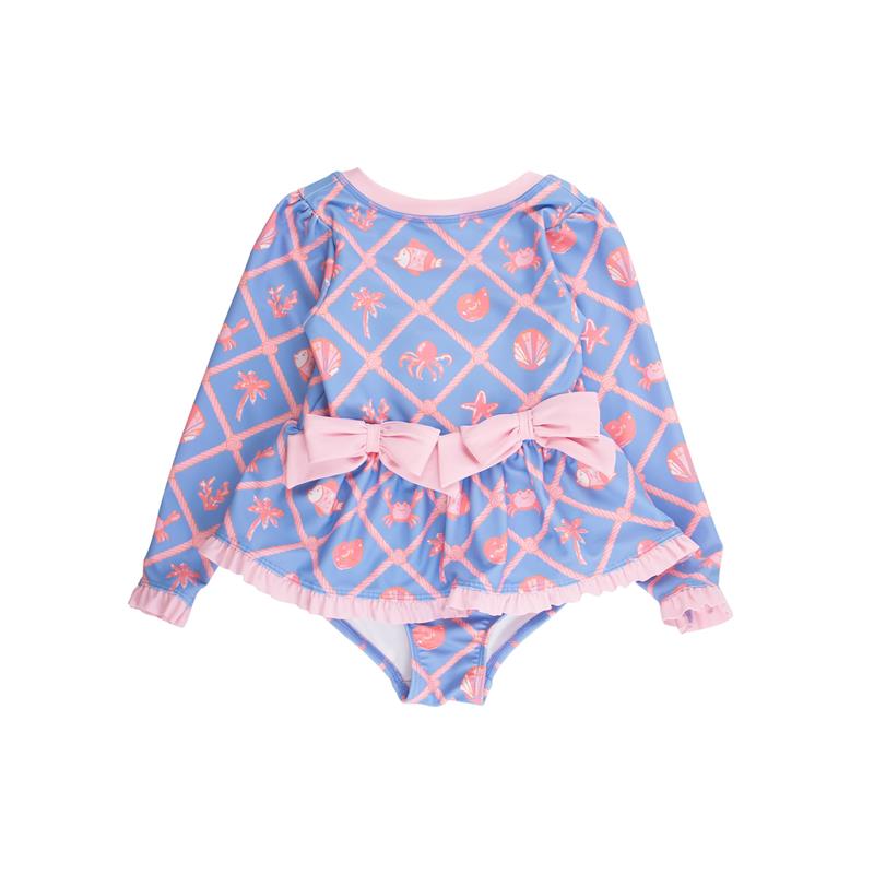 Rufflebutts Girls Tropical Trellis Long Sleeve One Piece Bow Peplum Rash Guard Swimsuit Image 2
