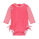 Hot pink long sleeve one-piece rash guard with white heart print and striped sleeves, designed for infants 12/18 months.