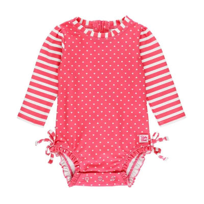 Hot pink long sleeve one-piece rash guard with white heart print and striped sleeves, designed for infants 12/18 months.
