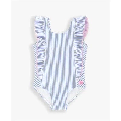 Periwinkle blue one-piece swimsuit with ruffled sleeves and white stripes, designed for children.