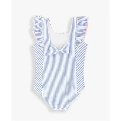 Periwinkle blue seersucker one-piece swimsuit with ruffled straps and a bow detail at the front.