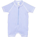 Periwinkle blue short sleeve one-piece rash guard with white stripes and a front zipper, ideal for sun protection.