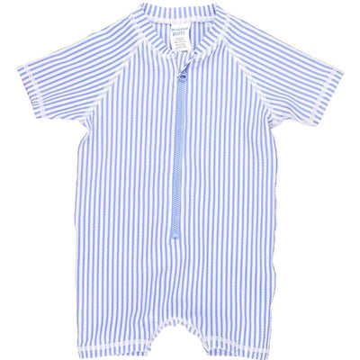 Periwinkle blue short sleeve one-piece rash guard with white stripes and a front zipper, ideal for sun protection.