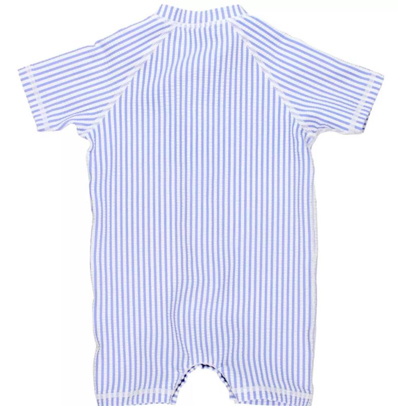 Short sleeve one-piece rash guard in periwinkle blue with white stripes, designed for sun protection.