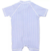 Short sleeve one-piece rash guard in periwinkle blue with white stripes, designed for sun protection.