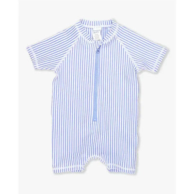 Periwinkle blue seersucker one-piece rash guard with short sleeves and zipper closure designed for kids.