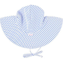 Periwinkle blue seersucker swim hat with wide brim and adjustable ties, designed for toddlers aged 12M to 2T.