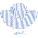 Periwinkle blue seersucker swim hat with wide brim and adjustable ties, designed for toddlers aged 12M to 2T.