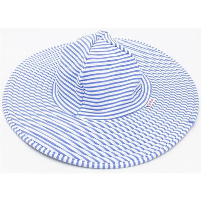 Periwinkle blue seersucker swim hat with white stripes, designed for children aged 3T-5.