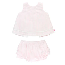 Pink seersucker swing top with white ric rac trim and matching bloomer shorts, designed for infants 0 to 3 months.