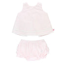 Pink seersucker swing top with white ric rac trim and matching bloomer shorts, designed for infants 0 to 3 months.