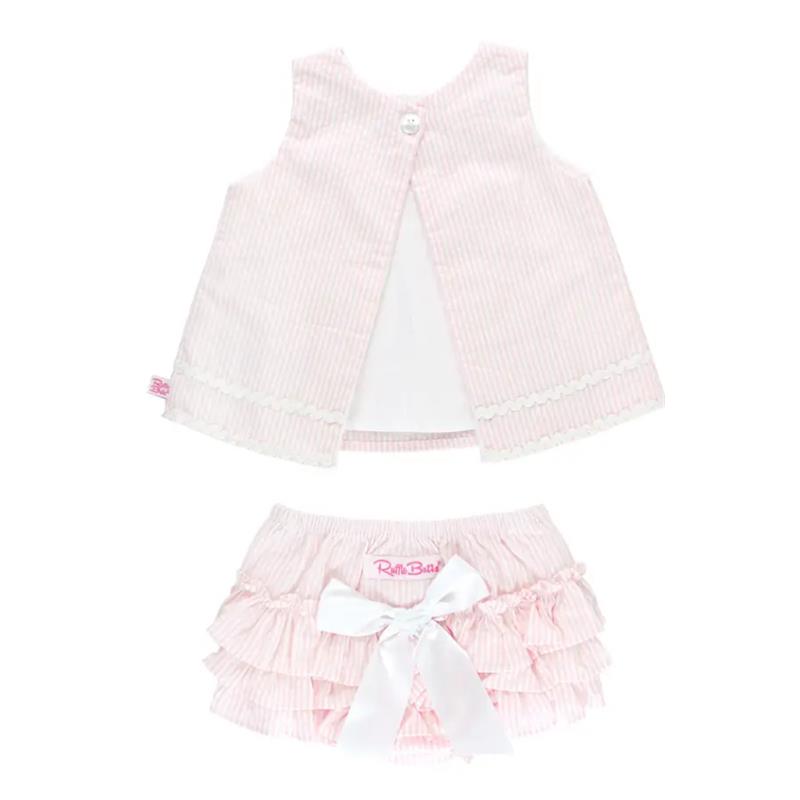 Rufflebutts pink seersucker swing top with white trim and matching ruffled bloomer shorts with a bow, size 0/3M.