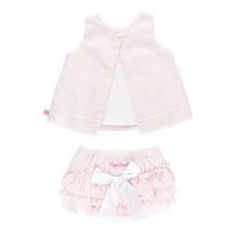 Rufflebutts pink seersucker swing top with white trim and matching ruffled bloomer shorts with a bow, size 0/3M.