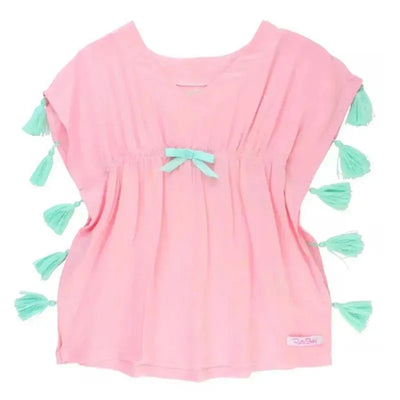 Pink tassel kaftan cover-up with mint green tassels and a center bow, designed for beachwear or swim cover-up.