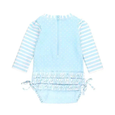 Rufflebutts - Tropical Breeze Heart Polka Dot Long Sleeve Rash Guard, Blue Image 2