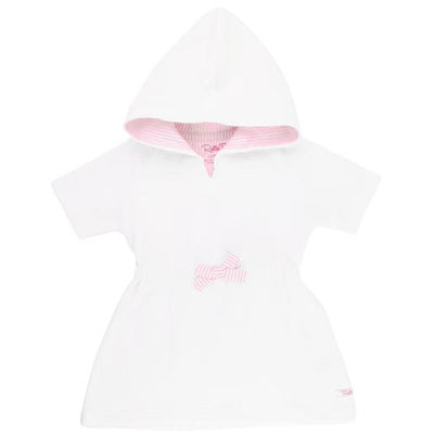 White cover-up with a pink seersucker hood and bow detail, designed for infants aged 3 to 6 months.