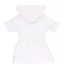 White cover-up with pink seersucker terry fabric, featuring a hood and short sleeves, sized for infants 3 to 6 months.