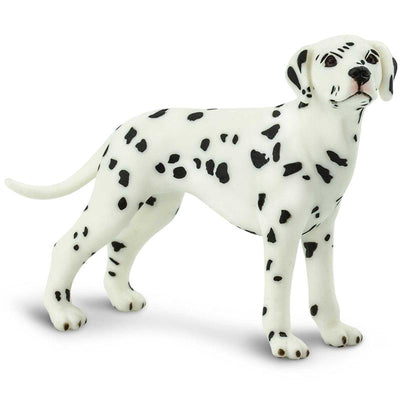 Dalmatian figurine made of plastic, featuring a standing posture, with distinct black spots on a white body.