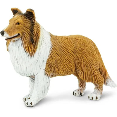 Lifelike Collie figurine by Safari Ltd., featuring detailed fur texture and a standing pose with brown and white coloring.