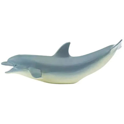 Dolphin figurine from Safari Ltd, displaying a smooth body with a light gray-blue color and an expressive open mouth.