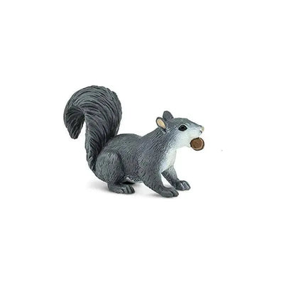Gray squirrel figurine holding an acorn, detailed fur texture, and a bushy tail. Suitable for play or display.