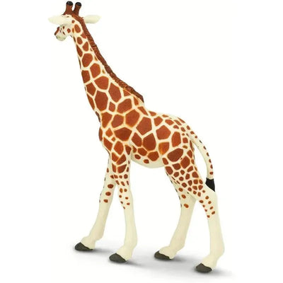 Lifelike Reticulated Giraffe figurine by Safari Ltd., featuring realistic patterns and details, standing with legs apart.