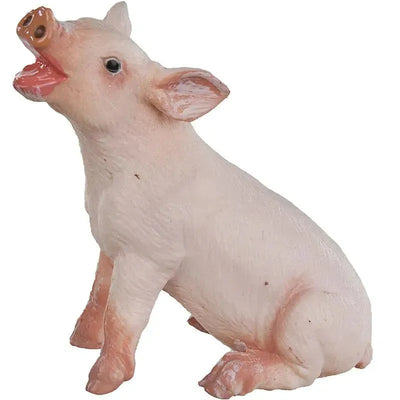 Sitting piglet toy figurine with a pink body, upright ears, and an open mouth, designed for play or educational purposes.