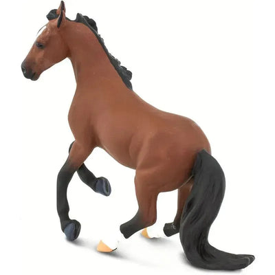 Thoroughbred horse figurine with a brown body, black mane and tail, posed in a trotting stance.