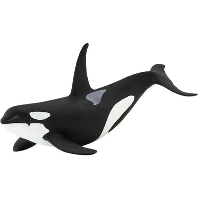 Orca figurine by Safari Ltd., featuring a black and white design with prominent dorsal and pectoral fins.