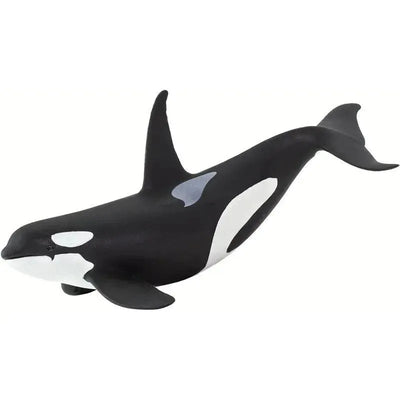 Realistic orca whale figurine by Safari Ltd, featuring a black and white color scheme and detailed fin design.