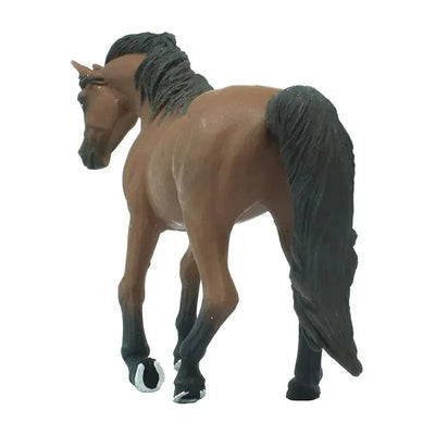Morgan mare figurine with a brown coat and black mane, depicted in a standing position, seen from behind.